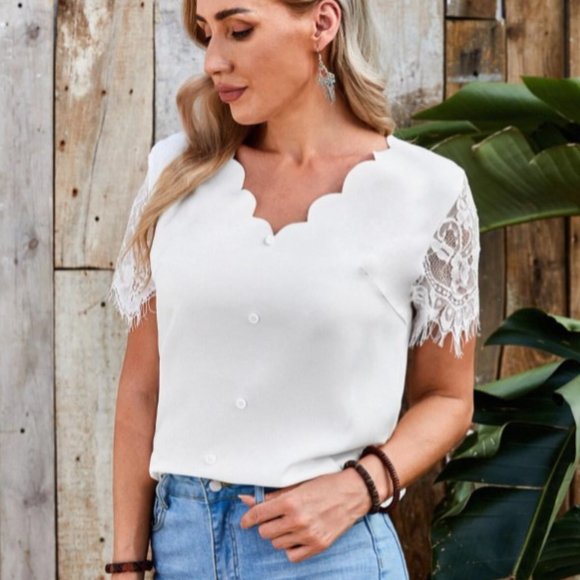 Women - Blouses Contrast Lace Solid Elegant - Picture 4 of 6